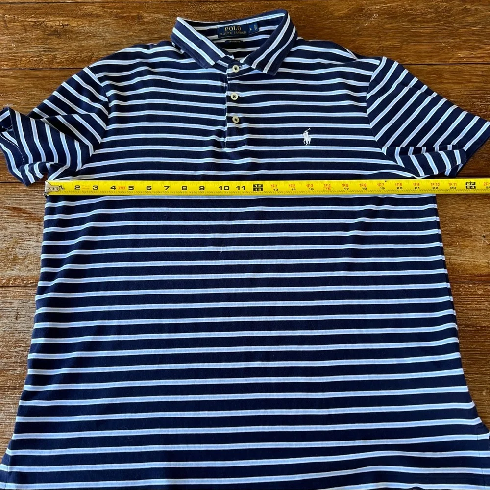 Ralph Lauren Polo Shirt Men's 100% Cotton Navy Baby Blue Stripes Classic Fit L